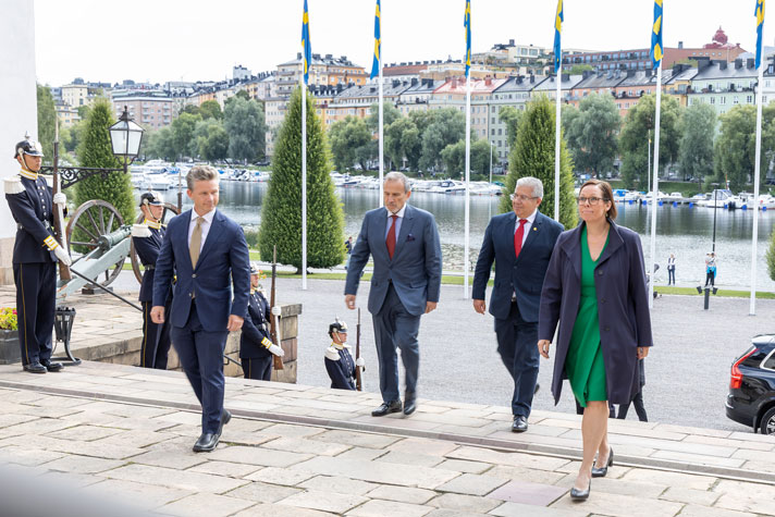 The four ministers walking up the stairs leading to the palace.