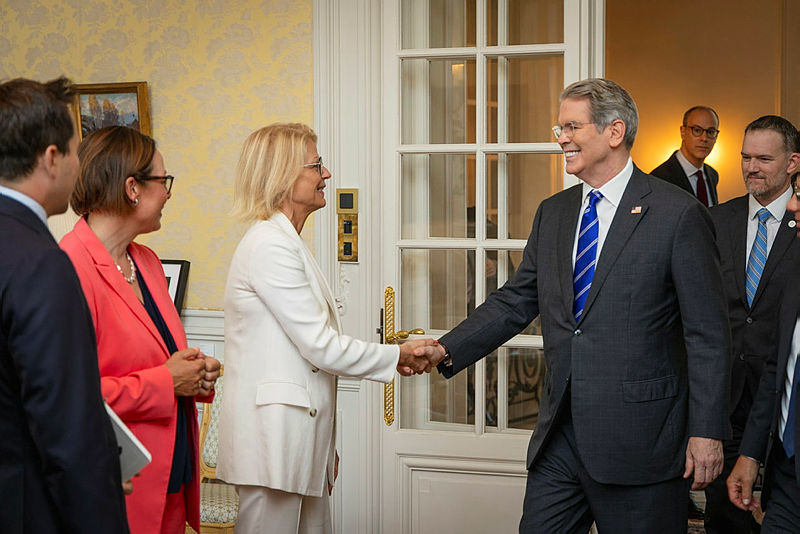 Minister of Finance Elisabeth Svantesson greets U.S. Secretary of the Treasury Scott Bessent.