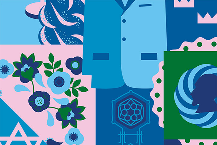 Illustration in the colours pink, green and blue.