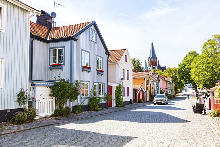 Image depicting wooden houses along a paved streeet